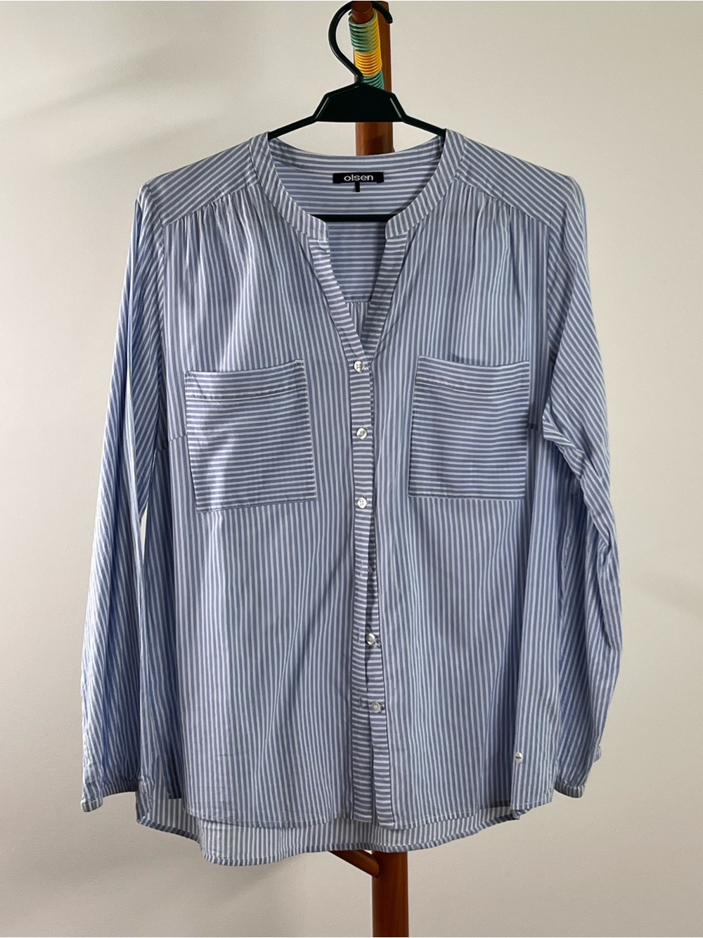 Olsen Women's Blue & White Stripe 100% Linen Button-Down Shirt